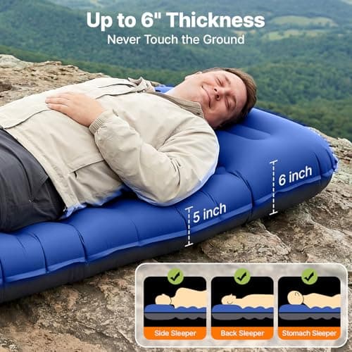 OGERY Sleeping Pad, Ultralight Inflating Sleeping Pad for Camping with Pillow Built-in Foot Pump, 6" Extra-Thick Reinforced Camping Pad for Hiking, Backpacking, Tent, Single,Blue — view 2