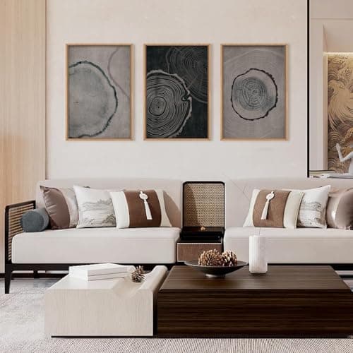 Ausril Tree Ring Framed Canvas Wall Art Set of 3, Modern Beige Wood Stump Wall Decor,Imitation Black Gray Tree Spiral Wall Painting, Neutral Nature Art Print for Living Room, Bedroom, Office 16"x24"x3