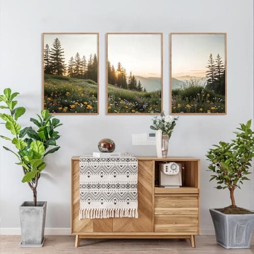 HPNIUB Mountain Canvas Wall Art Set, Framed Forest Nature Wall Decor, 3 Piece Landscape Paintings Artwork, 16x24 Inches Wildflower Pictures for Living Room, Bedroom, Office — view 3