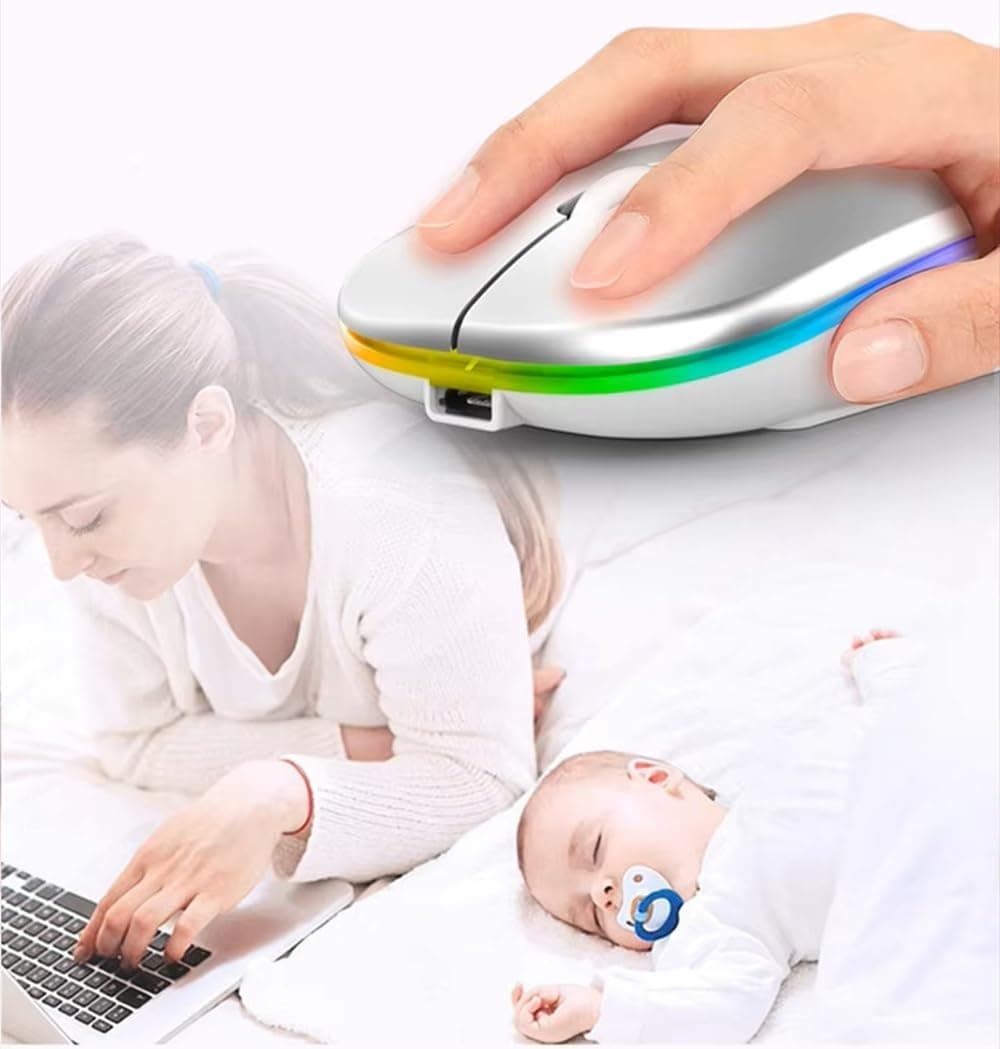 Ratón inalámbrico recargable RGB ultrafino 1600 DPI con doble modo Bluetooth 5.0 + 2.4 GHz, clic silencioso, 3 niveles de DPI (800/1200/1600), diseño ambidiestro, luz LED, tamaño compacto (Blanco). — view 3