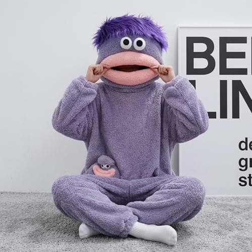 Metaparty Big Mouth Onesie Adults,Funny Onesie Pajamas,Cozy Plush One Piece Sleepwear, Funny Couple Loungewear (CA/US, Alpha, X-Large, Regular, Regular, Purple) — view 2