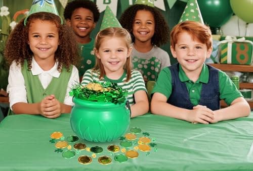 252Pcs St.Patrick's Day Green Pot Set 5.7" St Patrick’s Day Leprechaun Plastic Cauldron Bucket with Shamrock Coins Gems Shamrock Garland & Sequins for St. Patrick's Day Party Decor — view 5