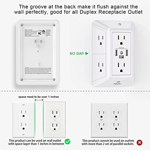 POWRUI Multi Plug 6 Outlet Surge Protector Extender with 3 USB Ports (1 USB C) and Night Light, 3-Sided Power Strip with Adapter Spaced Outlets, ETL Listed, White — view 2