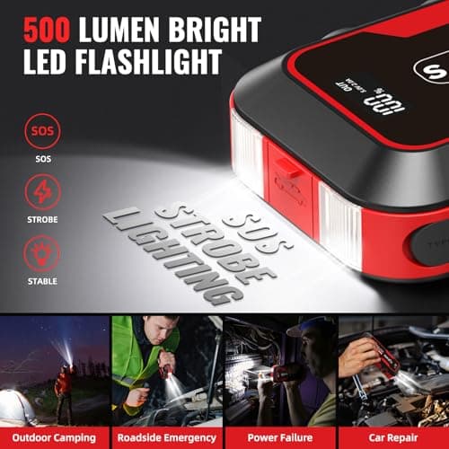S ZEVZO ET03 4000A Car Jump Starter Jump Starter Battery Pack for Up to 8.0L Gas and 7.0L Diesel Engines, 74Wh Portable 12V Jump Box with USB Ports, LCD Display, Storage Case, and LED Light — view 3