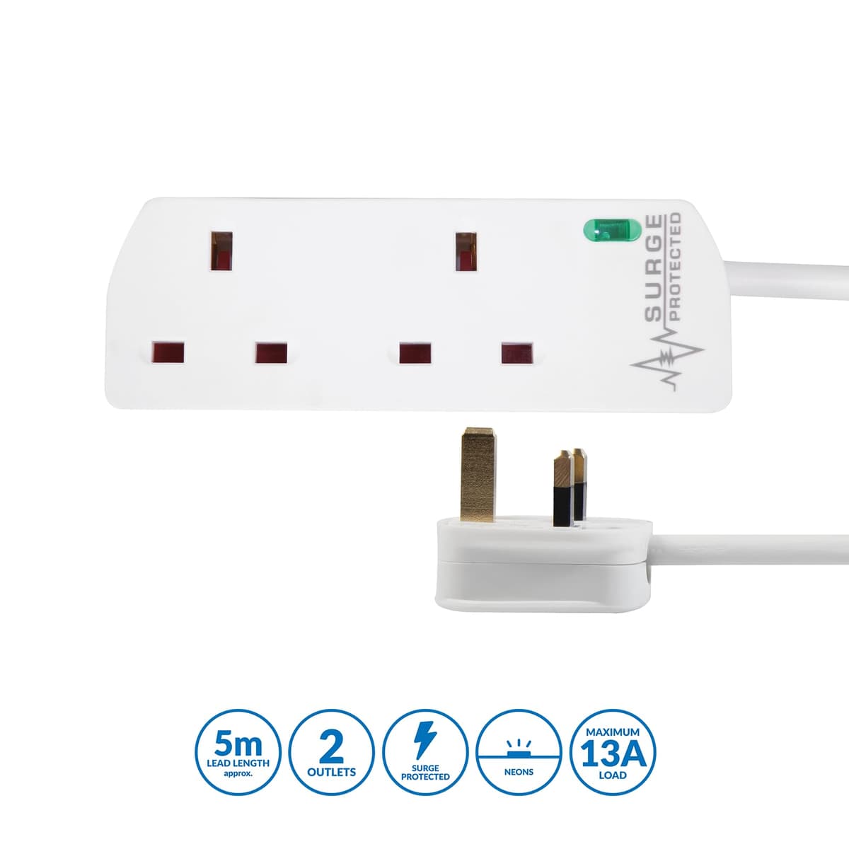 PRO ELEC PELB1950 2 Gang Surge Protected Extension Lead White, 5m — view 2
