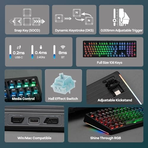 EPOMAKER HE108 Wireless Hall Effect Keyboard, 8K Polling & 0.125ms, SOCD & Snap Key, 10000mAh, Adjustable Trigger, Shine Through Keycap&RGB, Thocky Gasket, Custom Software, Gaming Keyboard (Black) — view 2