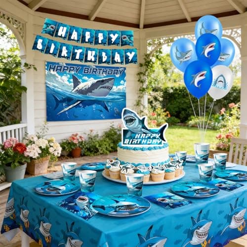 Shark Birthday Party Decorations Supplies, 10 Guests Shark Party Tableware Set Under the Sea Plates Napkins Tablecloths Balloons Banner Cake Toppers etc — view 3