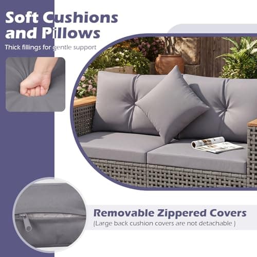 Tangkula 62.5" Large Patio Wicker Loveseat with Acacia Wood Armrests & Cup Holders, Outdoor 2-Piece Rattan Corner Sofa with Cushions, Sectional Conversation Set for Garden Backyard Porch Balcony, Grey — view 6