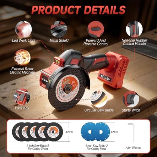 Cordless Cut Off Tool for Mil-Waukee 18V Battery, 4" Cut Off Tool 18,000 RPM Brushless Motor with 3 Variable Speed, 7 Blades, Dust Cover, Mini Circular Saw for Cutting Wood, Metal, Plastic(Tool Only) — view 3
