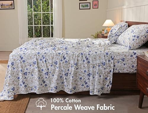 RUVANTI 100% Cotton Percale Sheets Queen Size, Sweet Pea