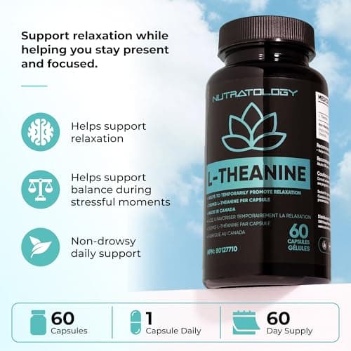 Nutratology® L-Theanine 250MG Capsules | Canadian-Made | For Stress Management | Promotes Relaxation & Calmness Without Drowsiness - L-Theanine Supplement for Stress Relief | 60 Capsules — view 3
