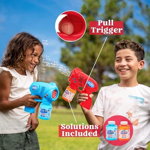 JOYIN 2 Bubble Guns with 2 Bubble Refill Solution (10 oz Total), Bubbles Maker, Blower, Machine Gun Blaster for Kids, Toddlers, Outdoors Activity, Party, Birthday Gift, Easter Bubble Toys (Blue+Red) — view 4