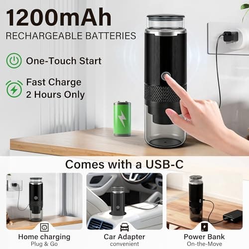 Aromilo Portable Travel Coffee Maker, 3-in-1 Camping Coffee Machine with USB-C for Travel Car,Cordless Battery Powered,Rechargable,Compatible with Ground Coffee,Capsules,Tea, 6OZ Cup,Black,170ml — view 3