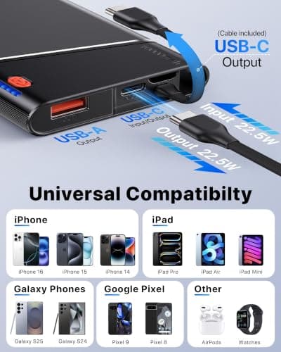 Aaoyun 10000mAh Portable Power Bank, 22.5W PD Fast Charging Battery Pack with Built-in USB-C Cable, Ultra-Slim External Phone Charger for iPhone 17/16/15, Samsung Galaxy S24, Android (Grey) — view 5