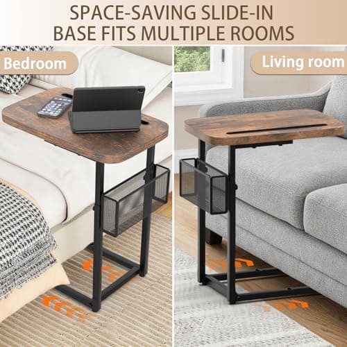 C Table End Table Adjustable Height,TV Tray Table with Storage Baskets,Strong Metal Frame,Tall C Shaped Side Table for TV Watching, Meals, Snacks or Small Space (Rustic Brown, 16.93inch x 12.6inch) — view 5