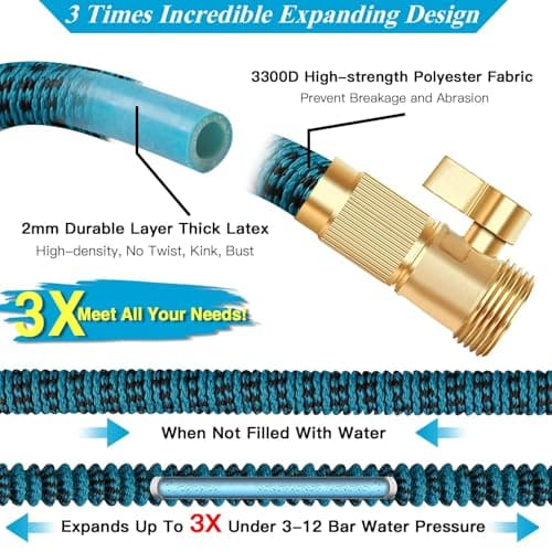 50Ft Expandable Garden Hose Water Hose - Kink Free Flexible Expending Hose with 10 Function Spray Nozzle and 3-Layers Latex, 3/4 Solid Fittings