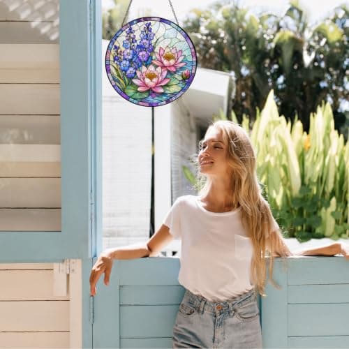 July Birth Flower Stained Glass Suncatcher Window Hanging, Pink Water Lily Sun Catcher for Indoor Window, Birthday Gift for Women Mom Daughter, Floral Glass Decor, 7.87 Inch — view 4