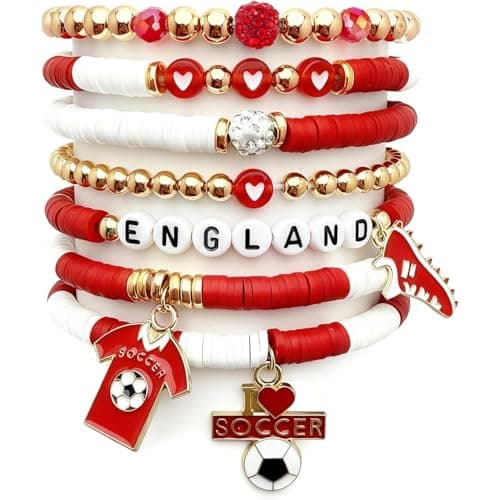 2026 World Cup England Bracelet Set, 7Pcs Stackable Beaded Stretch Bracelets with Soccer Jersey & Cleat Charms, England National Team Soccer Fan Jewelry, 2026 World Cup Game Day Souvenir