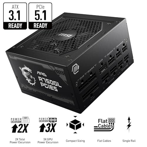MSI MAG A750GL PCIE5, Fully Modular Compact Gaming 750W Power Supply, 80+ Gold, ATX 3.1 & PCIe 5.1 Ready, Native Dual-Color 12V-2x6 Cable, 10 Year Warranty