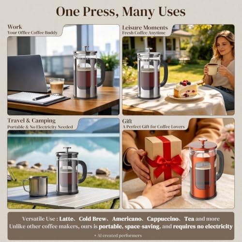 Veken French Press Coffee Maker, No Plastic Touching Cafe,34oz 1 L Cafetera — view 2