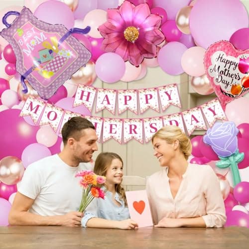 112PCS Mother's Day Balloons Arch Garland Kit Mothers Day Decorations Foil Mothers Day Balloon Flower Best Mom Balloon Latex Hot Pink Rose Gold Pink Balloons Happy Mother's Day Banner Birthday Decor — view 4