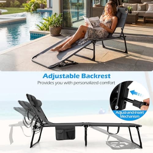 GYMAX Tanning Chair with Face Hole, Sun Bathing Lounge Chairs for Outside with Side Pocket, Folding Portable Face Down Layout Tanning Chair Beach, Backyard, Poolside, Lawn (1, Grey) — view 6