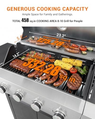 EUHOME 4-Burner Propane Gas BBQ Grill with Side Burner, 46,500 BTU Output Stainless Steel Barbecue Grill with Enameled Cast Iron Grates and Side Tables for Outdoor Cooking Kitchen and Patio Backyard — view 3