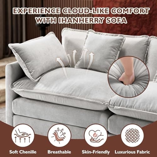 Ihanherry 111.4 Inch 3-Seater Cloud Sofa, Modular Sectional Couch, Modern Deep Seat Sofa for Living Room, Comfy Double Layer Upholstered Seat Cushion, Breathable Chenille Fabric, Grey — view 3