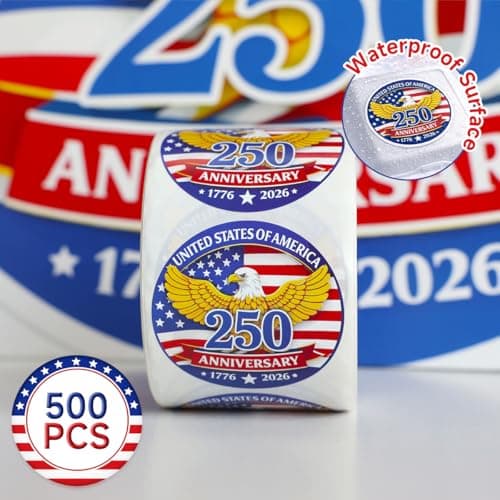 500 PCS 1.89" Patriotic 250th Independence Anniversary Stickers Roll Round American Flag Waterproof Decals Strong Adhesive Labels for Water Bottles Laptops 4th of July Party Decorations