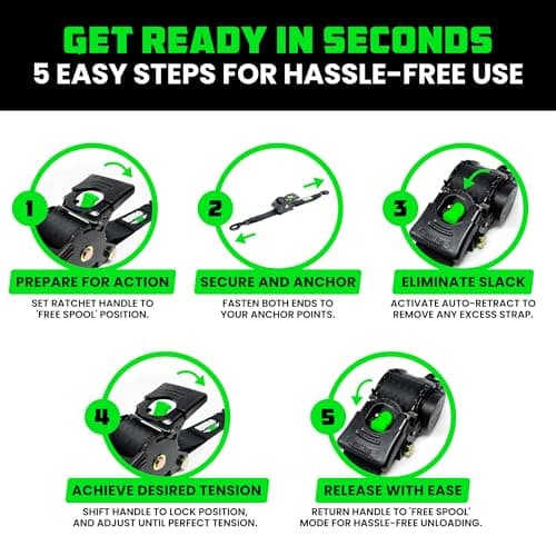 Rhino USA Retractable Ratchet Straps (4-Pack) - 1 Inch x 10 Feet (1,209lb Break Strength) - Auto Self Retracting Tie Down Straps for Truck, Cargo Trailer, Motorcycle, ATV, UTV - Black — view 7