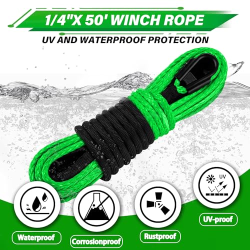 TYT Synthetic Winch Rope Kit, 1/4" x 50' (10,000 lbs) with Protective Sleeve, Heavy-Duty Hook, Rubber Stopper & Safety Pull Strap, for ATV/UTV and Off-Road 4x4 Vehicles (Green)