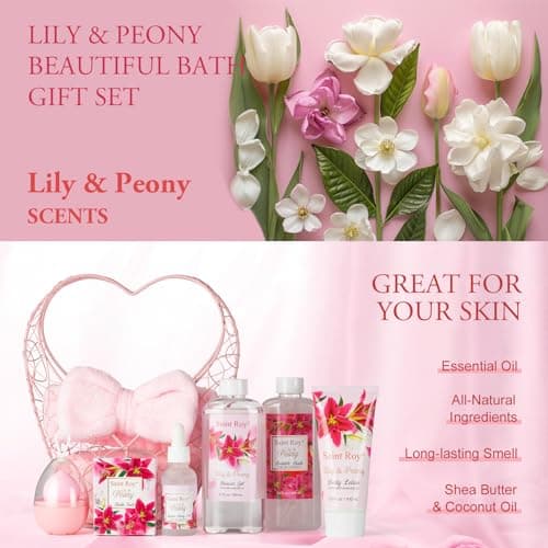 Spa Basket Gift for Women, Lily & Peony Home Shower Bath Kit, Personal Care Gift Set, Coconut & Honey Almond Beauty, Home Bath Pampering Luxury Bath and Body Home Spa Kit, Mother's Day Gifts for Mom — view 6