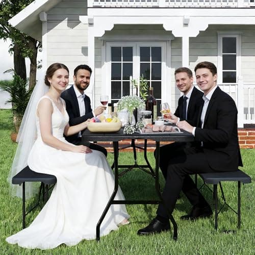 6 FT Black Picnic Folding Table Set with 2 Benches, Portable Patio Dining Sets for Backyard, Lawn, Event, Party, Camping — view 6