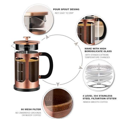 YMMIND French Press Coffee Maker (34oz 1Quart 5-6Cup) Coffee Press, with 4 Filters System, Heat Resistant Thickness Borosilicate Glass, Cold Brew Coffee Tea Pot Gifts (Copper) — view 3