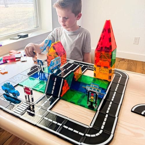IGIVI 104 PCS Magnetic Tiles Road Set, STEM Construction Toys for Kids Ages 3-5 5-7 4-8, Magnet Building Blocks for Toddler Toys Games, Christmas Birthday Gifts for 3+ Year Old Boys Girls — view 3