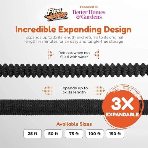 Flexi Hose Expandable Garden Hose with 8 Function Nozzle, 25FT - Lightweight Retractable Garden Hose, Water Hose - No-Kink Flexibility, 3/4 Inch Solid Brass Fittings and Double Latex Core