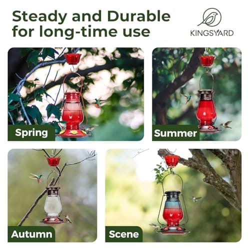 Kingsyard Glass Hummingbird Feeder for Outdoors Hanging - Vintage Lantern Style Leak-Proof Humming Bird Nectar Feeder with 6 Feeding Ports & Ant Moat for Outdoor Garden Decor, 24 Ounce, Blue — view 5