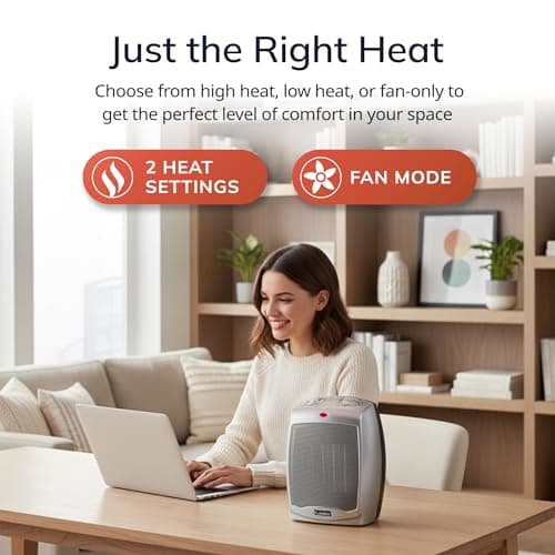 Lasko Desktop Electric Ceramic Space Heater with Adjustable Thermostat, 2 Heat Settings and Fan Only Mode, 9.2 Inches, Silver, 754200 — view 2