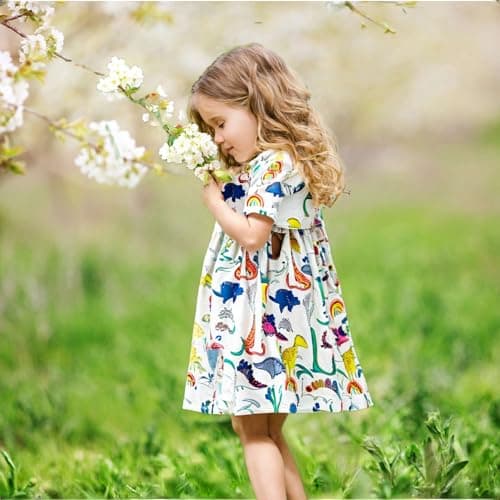 Winzik Toddler Summer Dress, Little Girls Short Sleeve Cotton Casual Dresses Dinosaur Clothes 2-8 Years (3-4T, Colorful Dinosaur) — view 3