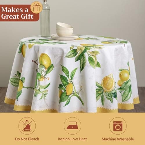 Maison d' Hermine Table Cloth Round Table 100% Cotton 63 Round Inches Tablecloth Reusable Decorative for Dining Kitchen Room Farmhouse Party Home Hotel Restaurant Spring Summer - Limoncello — view 4