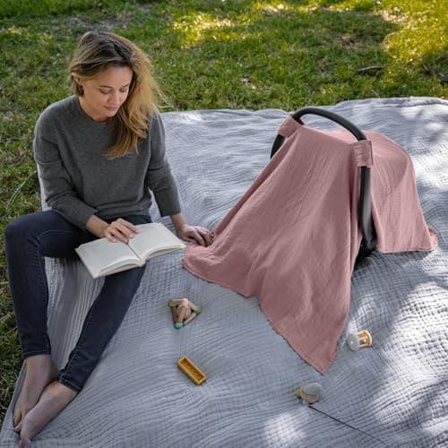 Comfy Cubs Baby Car Seat Cover - Soft, Breathable Bamboo Rayon and Muslin Cotton Blend - Lightweight Canopy for Sun, Bug, and Comfort Protection - Large Size Infant Seat Cover in Mauve Design — view 3