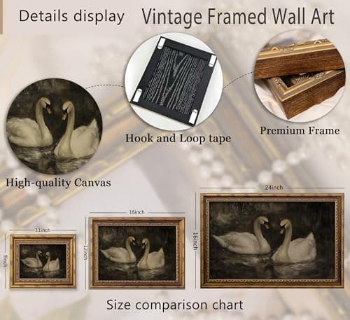 YUANNING Vintage Gold Frame Swan Couple Wall Art Elegant Swan Painting Canvas Modern Farmhouse Cottagecore Picture Wall Decor Dark Academia Lake Nature Aesthetic Print Artwork For Bedroom Living Room — view 4