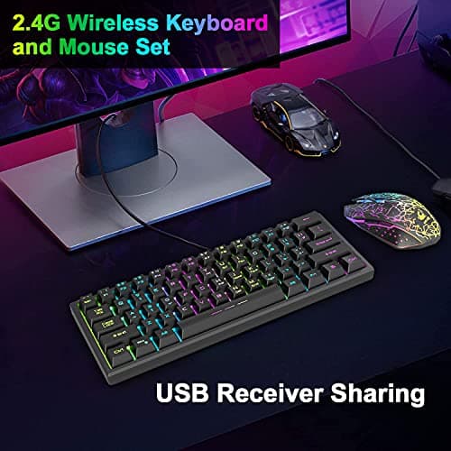 LexonElec T61 Wireless Gaming Keyboard and Mouse Combo,61 Key Rainbow Backlit Keyboard with Rechargeable 4000mAh,Mechanical Feel,Ergonomic,Quiet,RGB Mute Mice and Mousepad for PS4,Xbox One,Desktop,PC — view 5