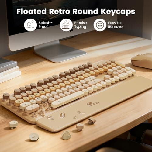 Wireless Keyboard and Mouse Combo, Full-Size Retro Typewriter Keyboard with Round Keycaps, Magnetic Wrist Rest & Tilt Legs, 2.4GHz Cordless for Mac/Windows PC/Laptop, SABLUTE CK23, Latte Gradient — view 3