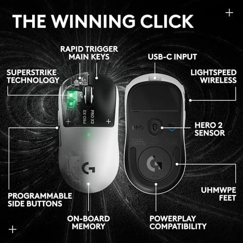 Logitech G PRO X2 SUPERSTRIKE Wireless Gaming Mouse: Customizable Rapid Trigger Magnetic Analog Switches, Adjustable Click Haptics, 61g Ultra Lightweight, USB-C, <8K Polling, for PC/Mac - Black/White — view 4