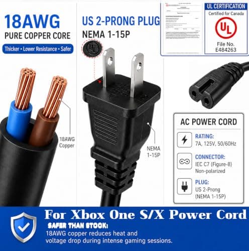 for Sony PS4 Power Cord 2 Prong: for Xbox One Series S/X AC Power Cable — view 2