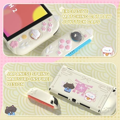 PlayVital Cherry Blossoms Kitten Protective Case for Nintendo Switch 2 with Stand | Cute Cat Ear & Paw Silicone Grips, Dockable Hard Shell, 2 Joystick Caps, Full-Body Protection Cover - Antique Yellow — view 5