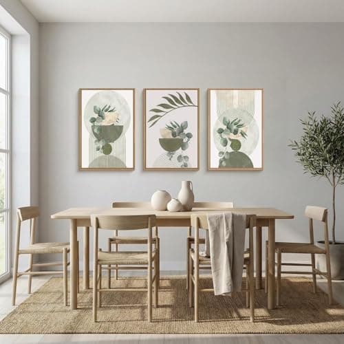 Ausril Sage Green Plant Canvas Wall Art Set 3, Abstract Geometric Line Botanical Framed Prints, Beige Minimalist Boho Leaf Paintings,16x24In Mid Century Modern Artwork for Living Room,Bedroom,Office — view 3