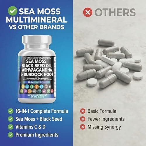 Clean Nutraceuticals Sea Moss Black Seed Oil Ashwagandha Turmeric Bladderwrack Burdock & Vitamin C Vitamin D3 with Elderberry Manuka Dandelion Yellow Dock Iodine Chlorophyll ACV — view 6