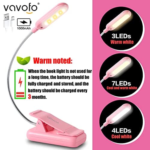 VAVOFO Rechargeable Book Light for Reading in Bed Kids, 7 LED Reading Light with 9-Level Warm Cool White Daylight, Eye Care Lamp with Power Indicator for Bookworms (Pink) — view 2